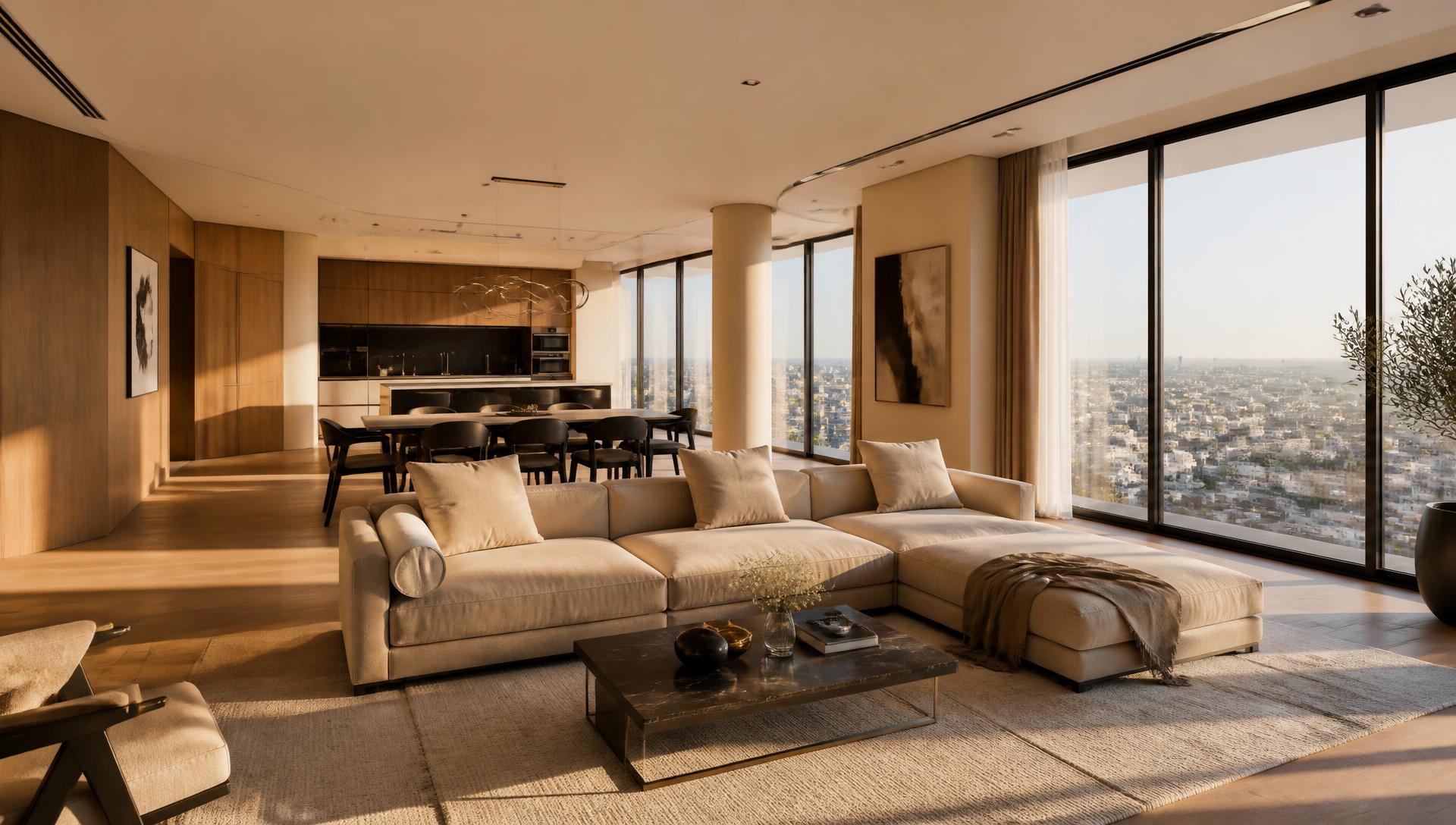 Warm, sun-drenched modern living room interior in a Hyderabad residence designed by IntelliHomes