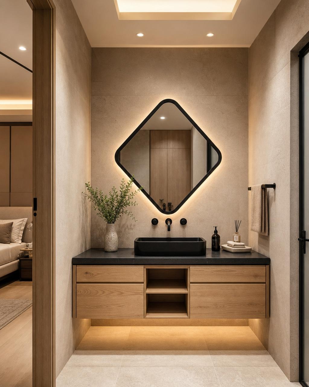 Modern 3 BHK apartment bathroom vanity with white oak cabinet, black countertop and backlit diamond mirror
